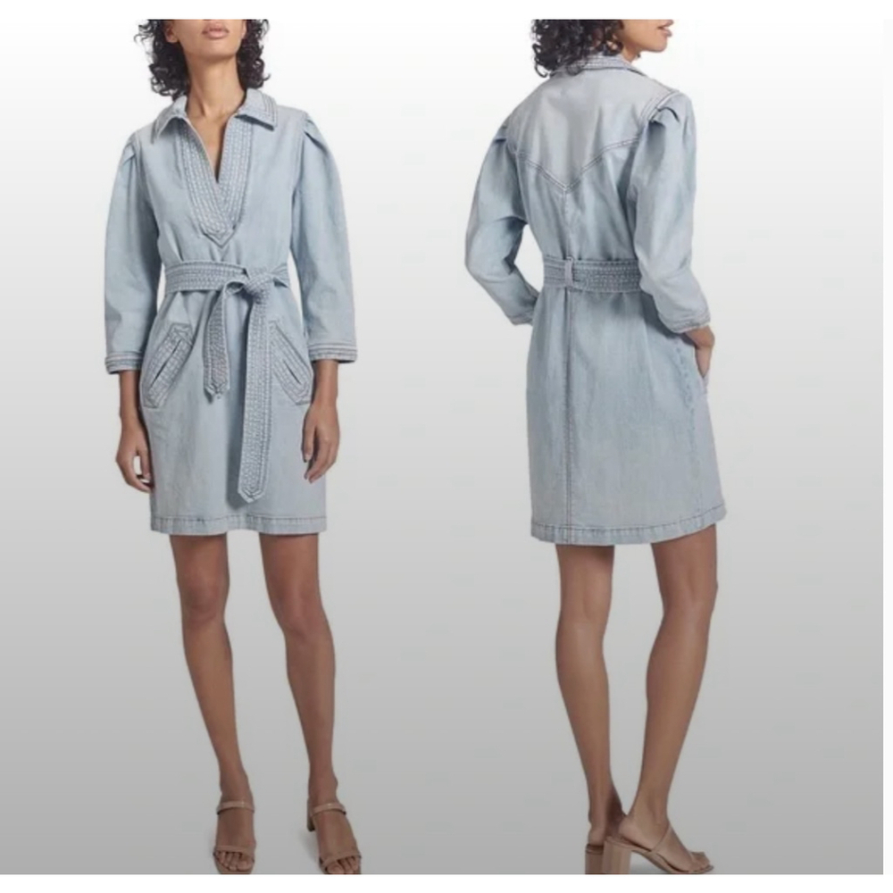Current/Elliot Denim Jean Dress Puff Sleeve Size 1 Small Blue Light Wash Belted - Picture 13 of 14
